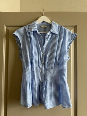 Max Studio Blue and White Striped Cap-Sleeve Button Front Blouse